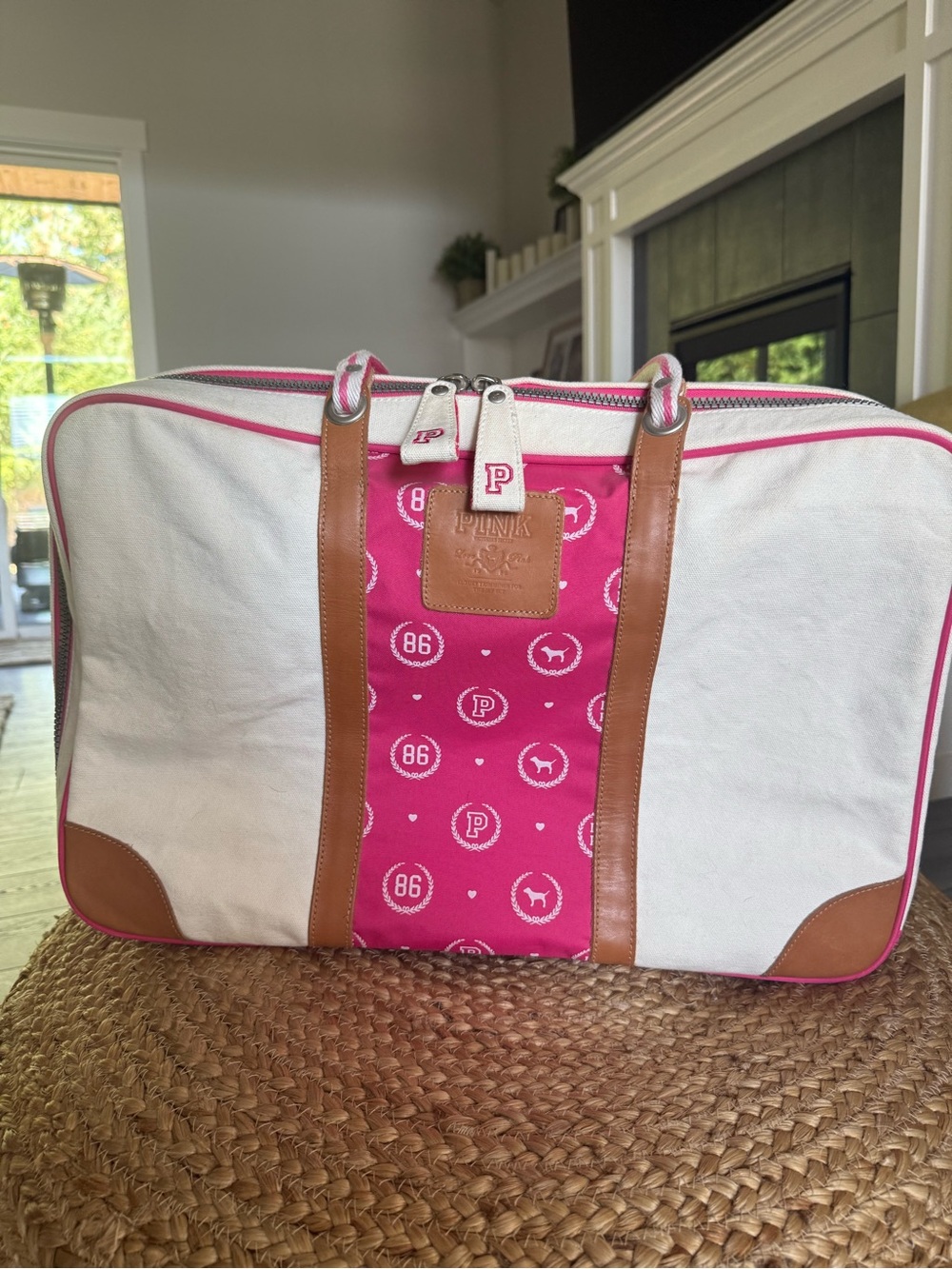 PINK Victoria's Secret Pink & White Canvas Travel Bag with Brown Trim